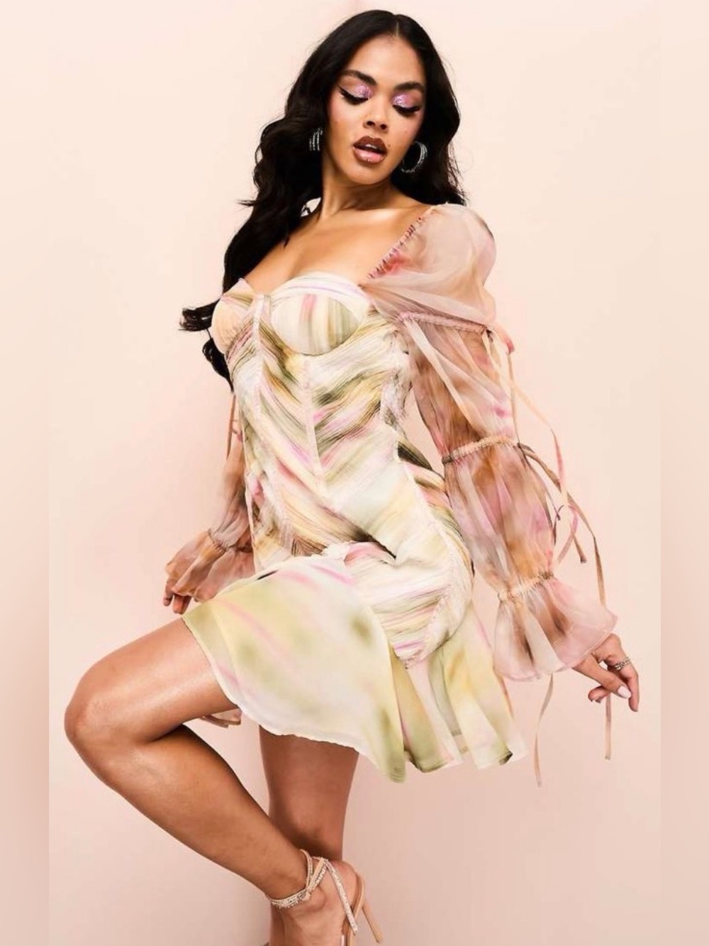 Asos Luxe Ruched Mini Dress With Organza Blouson Sleeves And Tie Details Sz 8